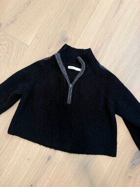 Oak + Fort Cropped Quarter Zip Sweater Black Ribbed Mock Neck XS